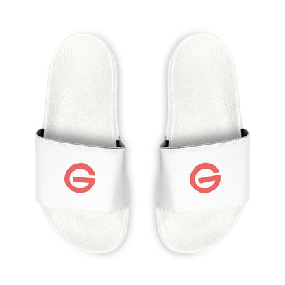Men's Slide Sandals — White Removable-Strap Slides with Red Circular Logo
