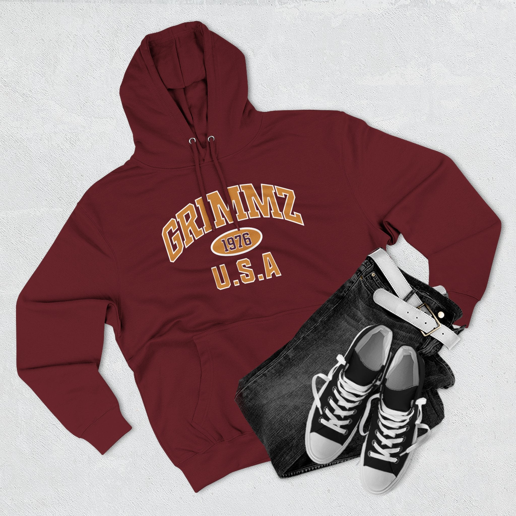 Grimmz 1976 U.S.A. Hoodie — Vintage Collegiate Fleece Pullover