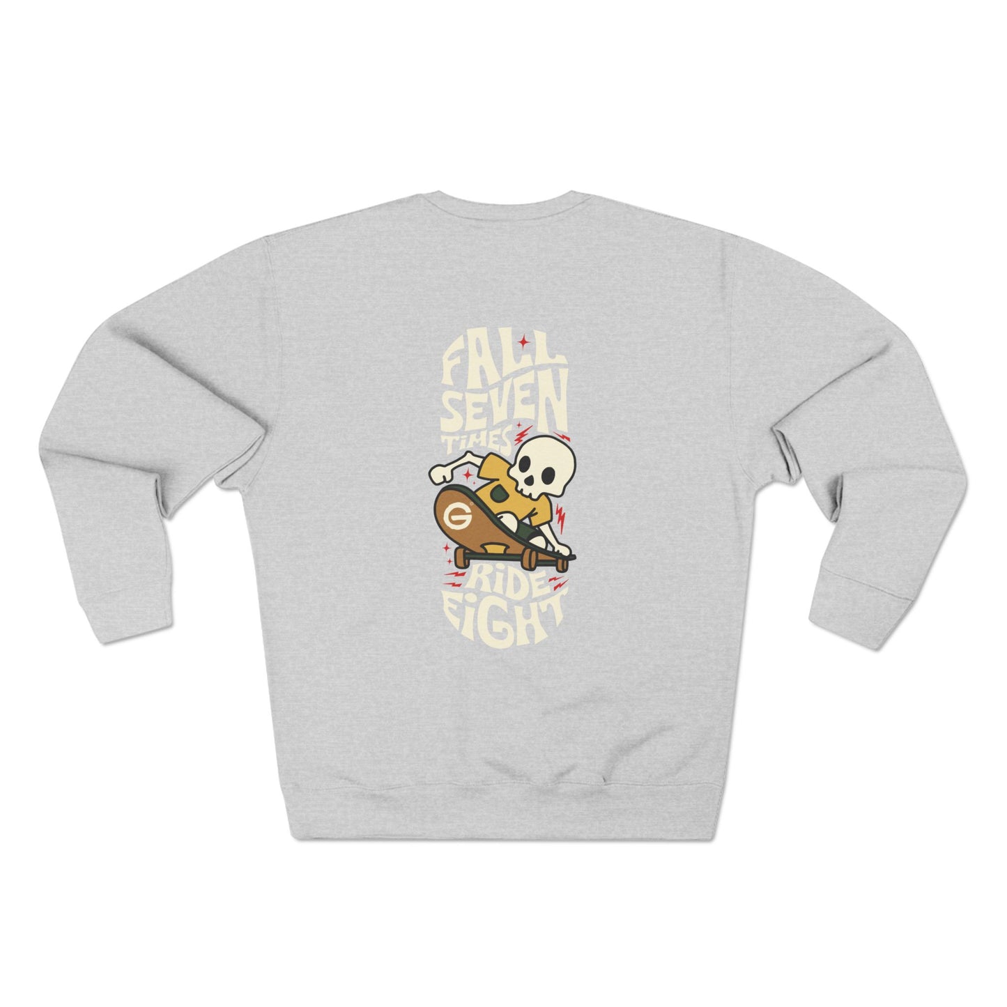 Skeleton Skate Crewneck Sweatshirt — "Fall Seven Ride Eight" Graphic