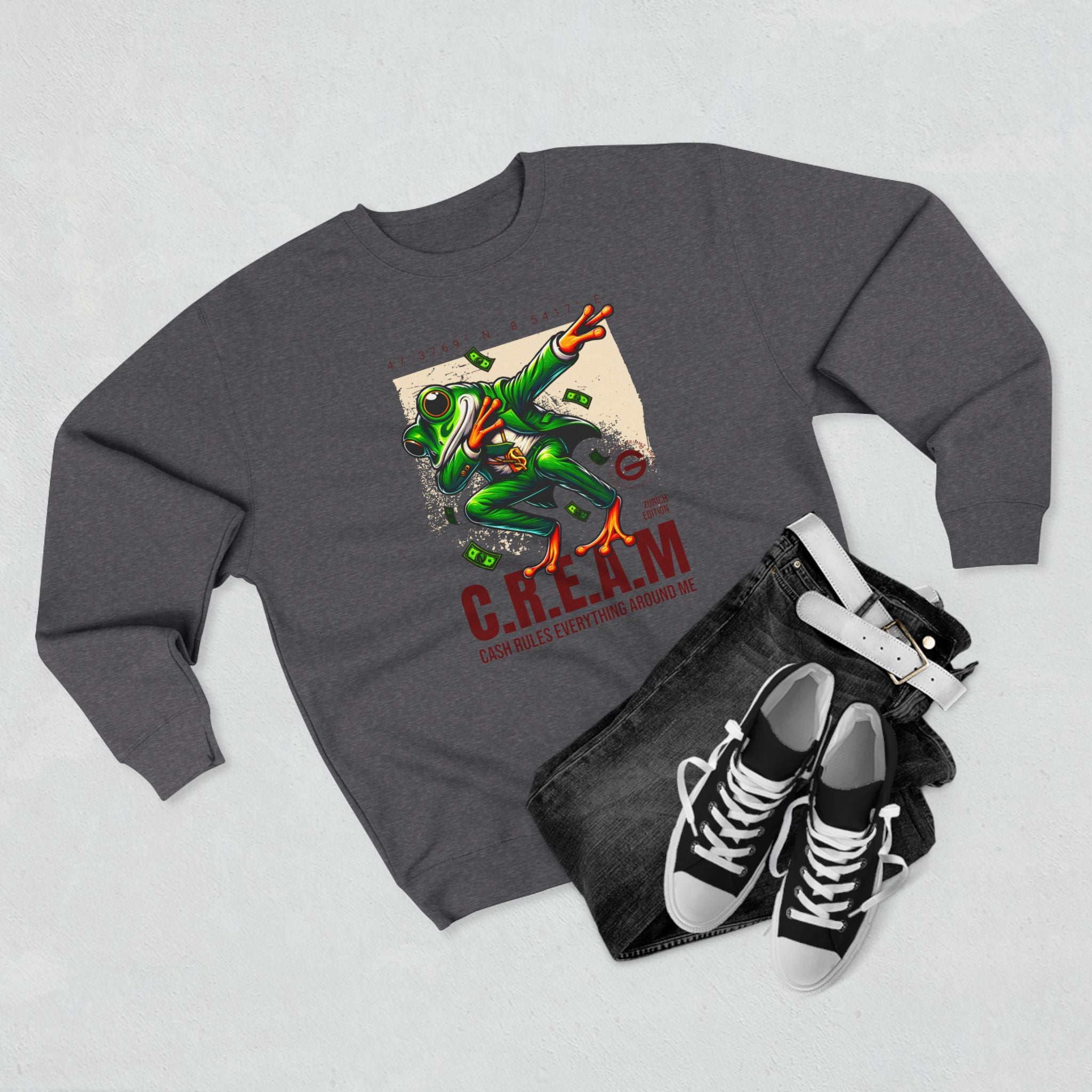 C.R.E.A.M. Frog Crewneck Sweatshirt – 'Cash Rules Everything Around Me' Graphic