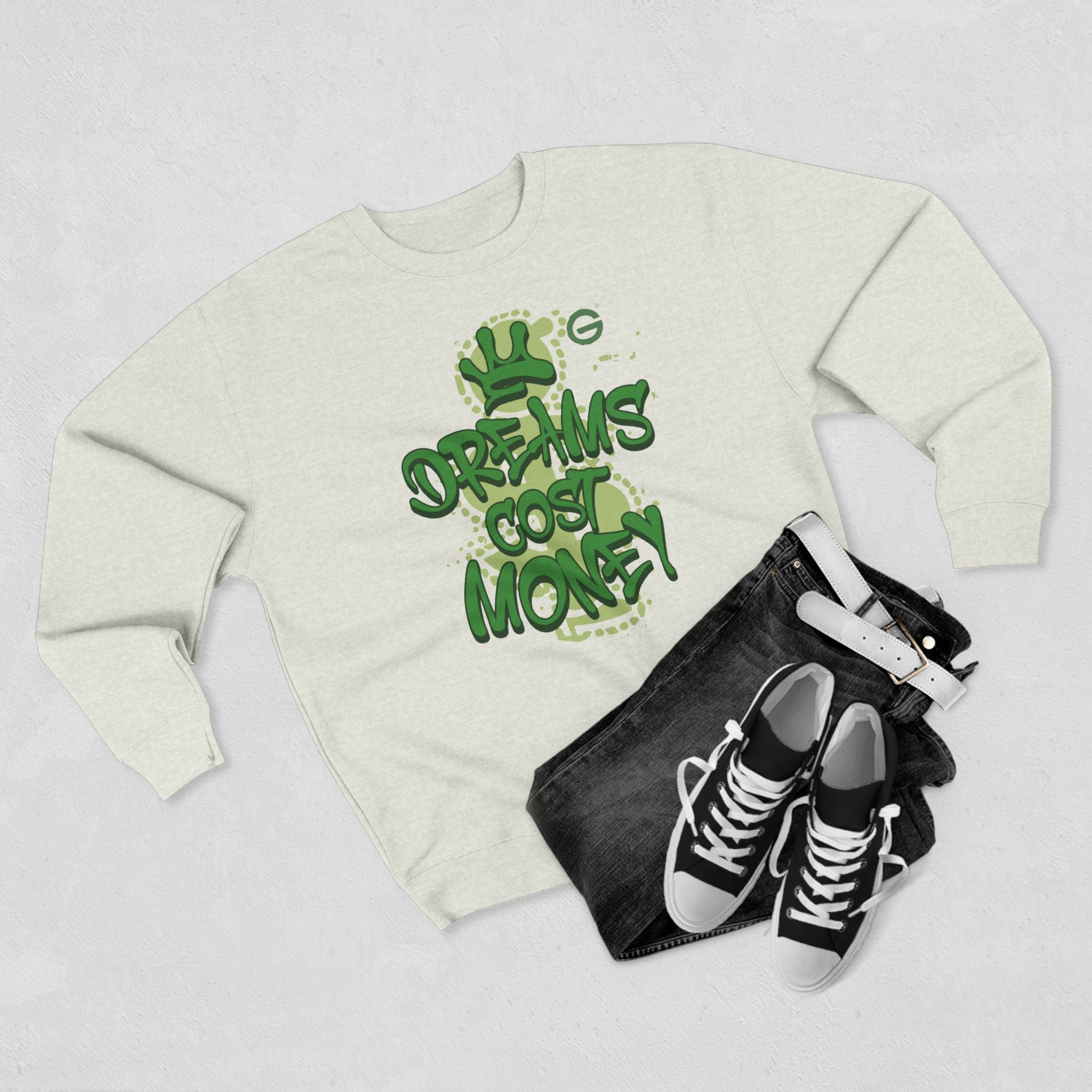 Dreams Cost Money Crewneck Sweatshirt – Green Graffiti Money Graphic