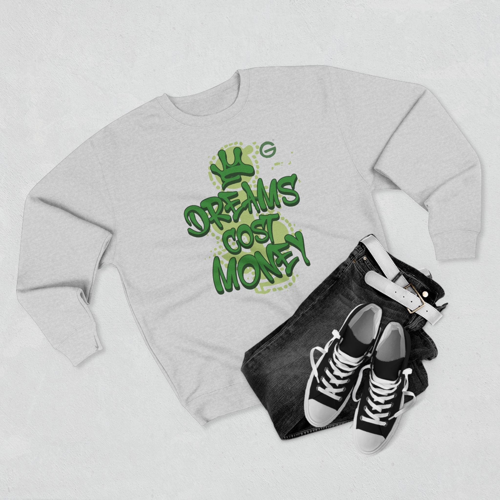 Dreams Cost Money Crewneck Sweatshirt – Green Graffiti Money Graphic