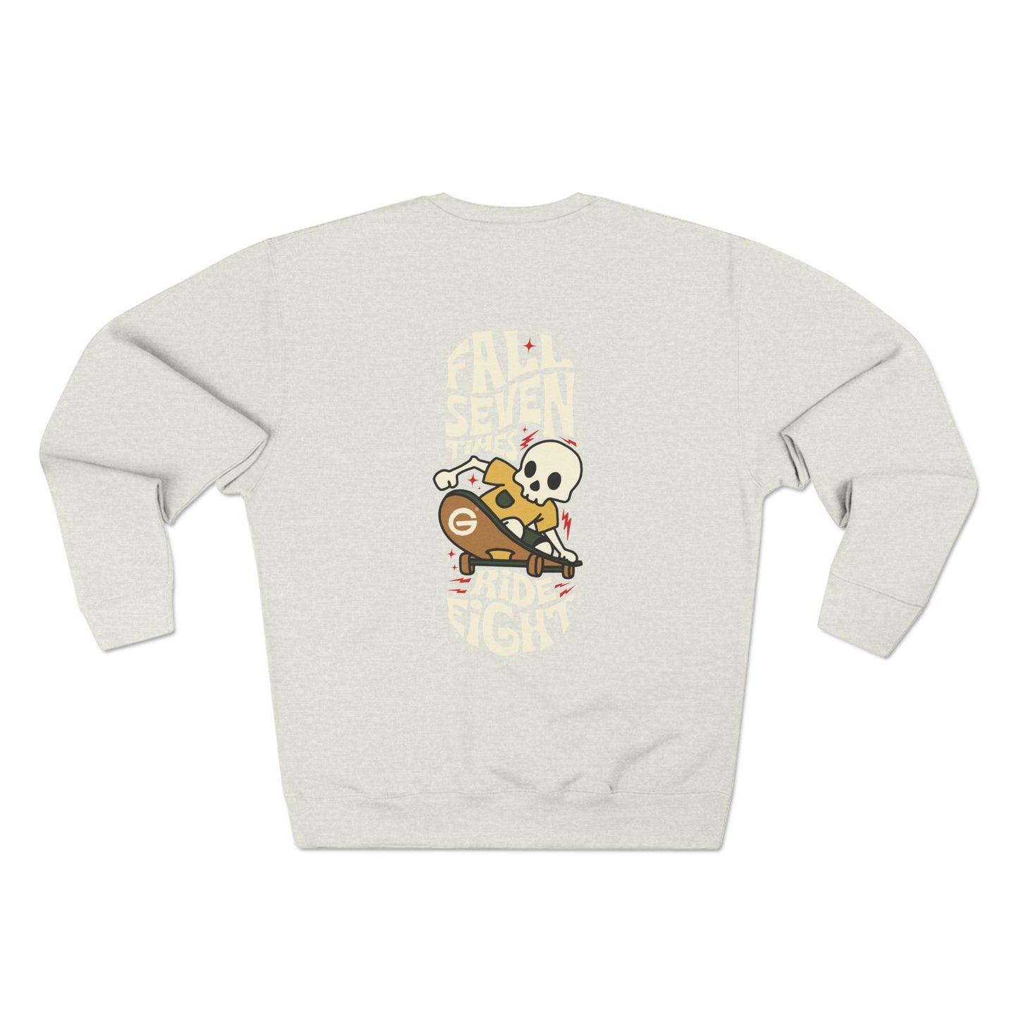 Skeleton Skate Crewneck Sweatshirt — "Fall Seven Ride Eight" Graphic