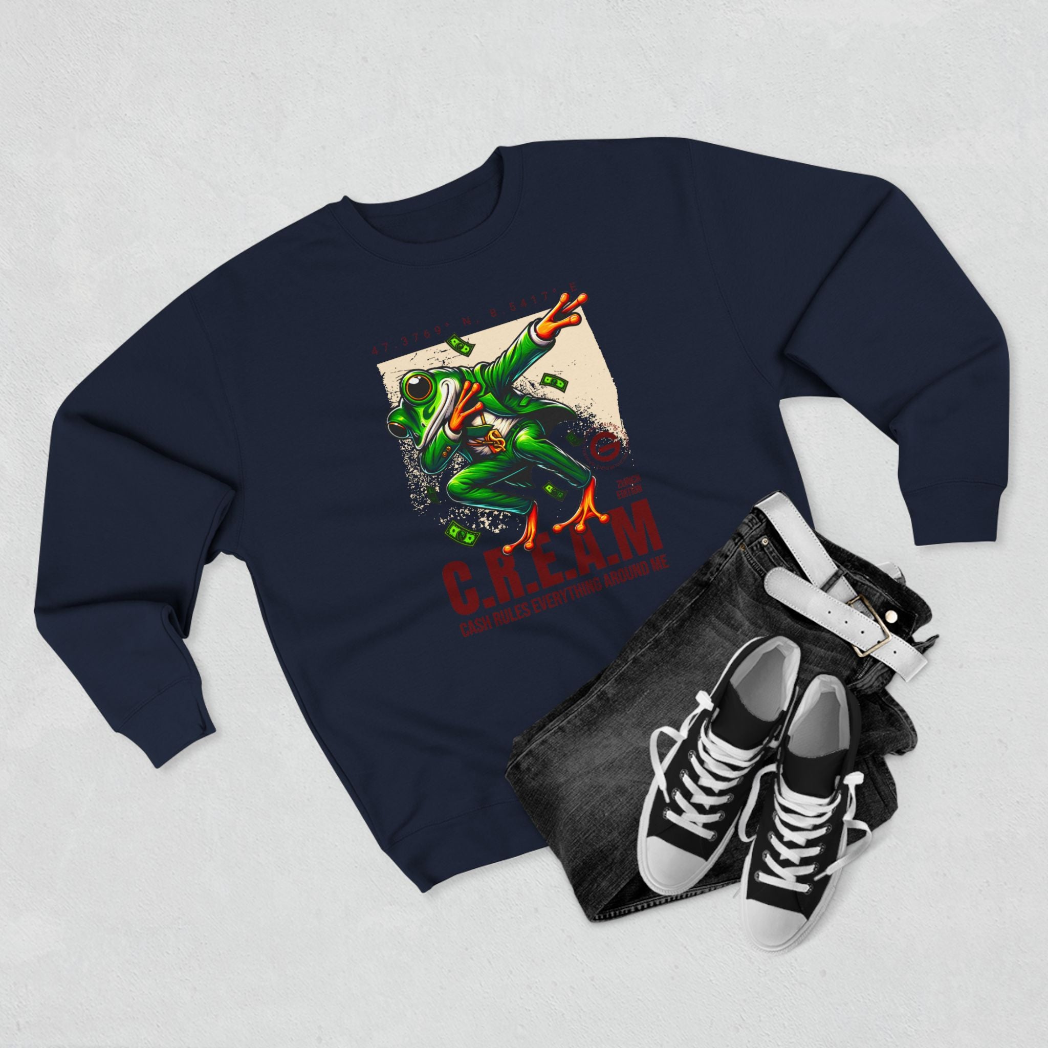 C.R.E.A.M. Frog Crewneck Sweatshirt – 'Cash Rules Everything Around Me' Graphic