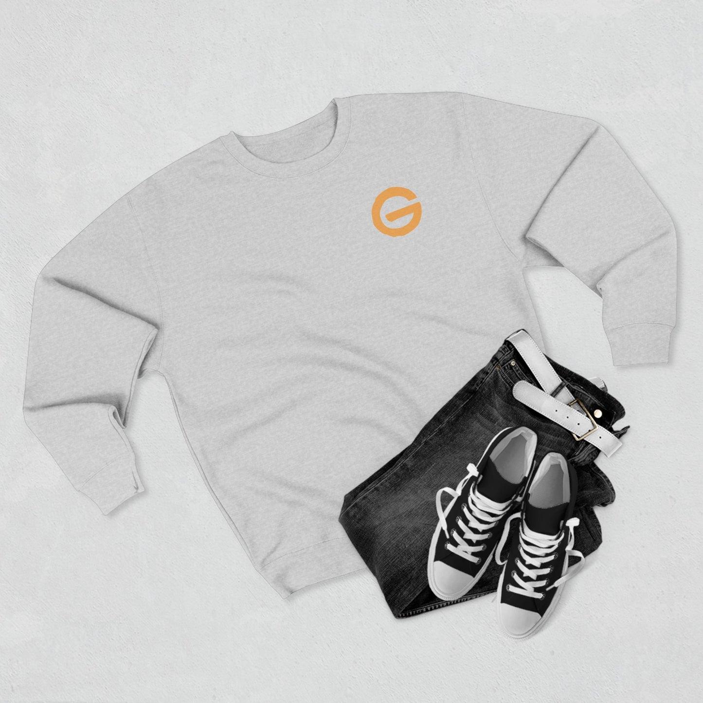 Minimal Logo Crewneck Sweatshirt — Small Orange 'G' Chest Emblem