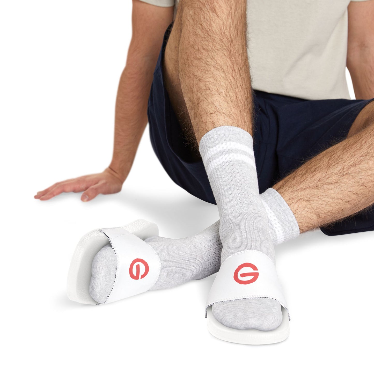 Men's Slide Sandals — White Removable-Strap Slides with Red Circular Logo