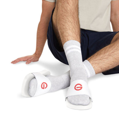 Men's Slide Sandals — White Removable-Strap Slides with Red Circular Logo