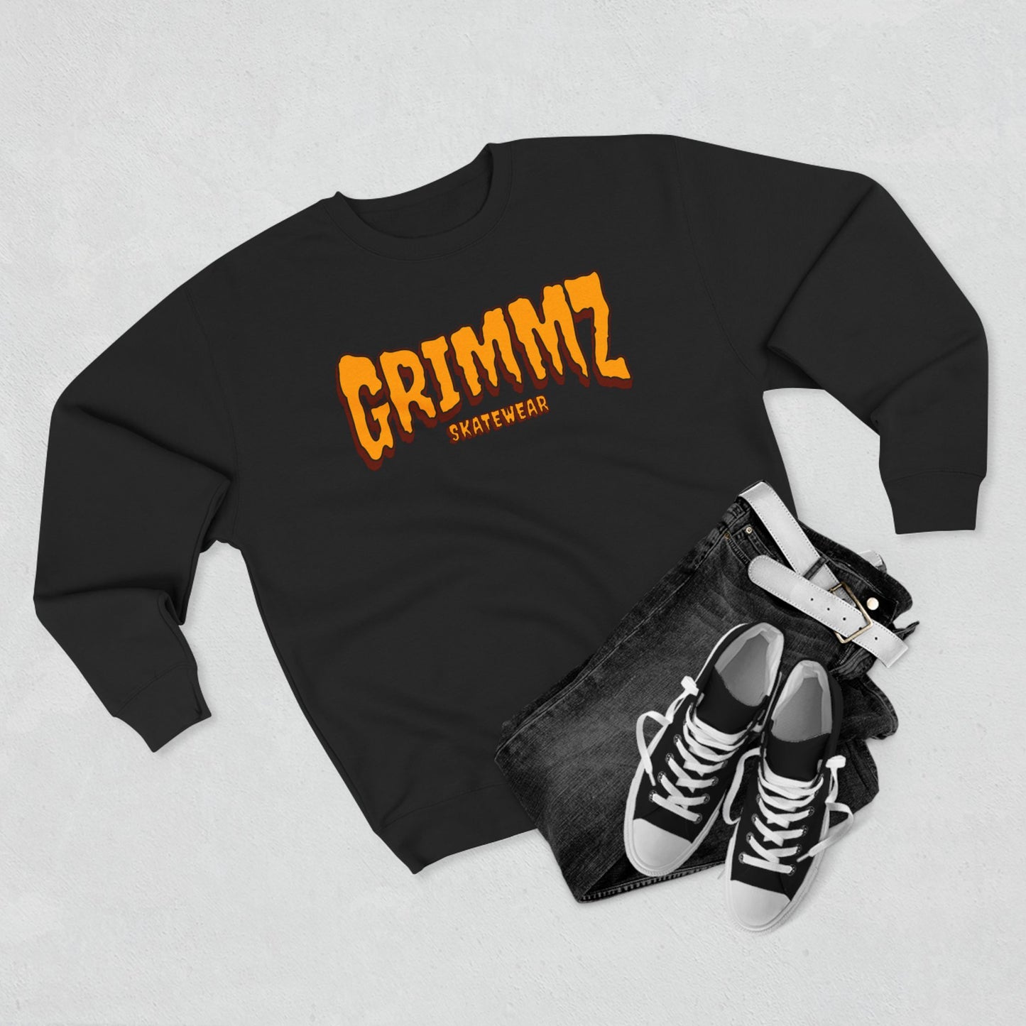Grimmz Crewneck Sweatshirt — Bold Orange Logo Streetwear